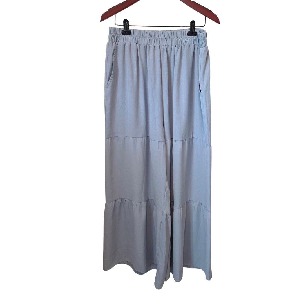 A.Jesdani Tiered Wide Leg Pants Elastic Waist Blue Grey Boho Coastal 2X